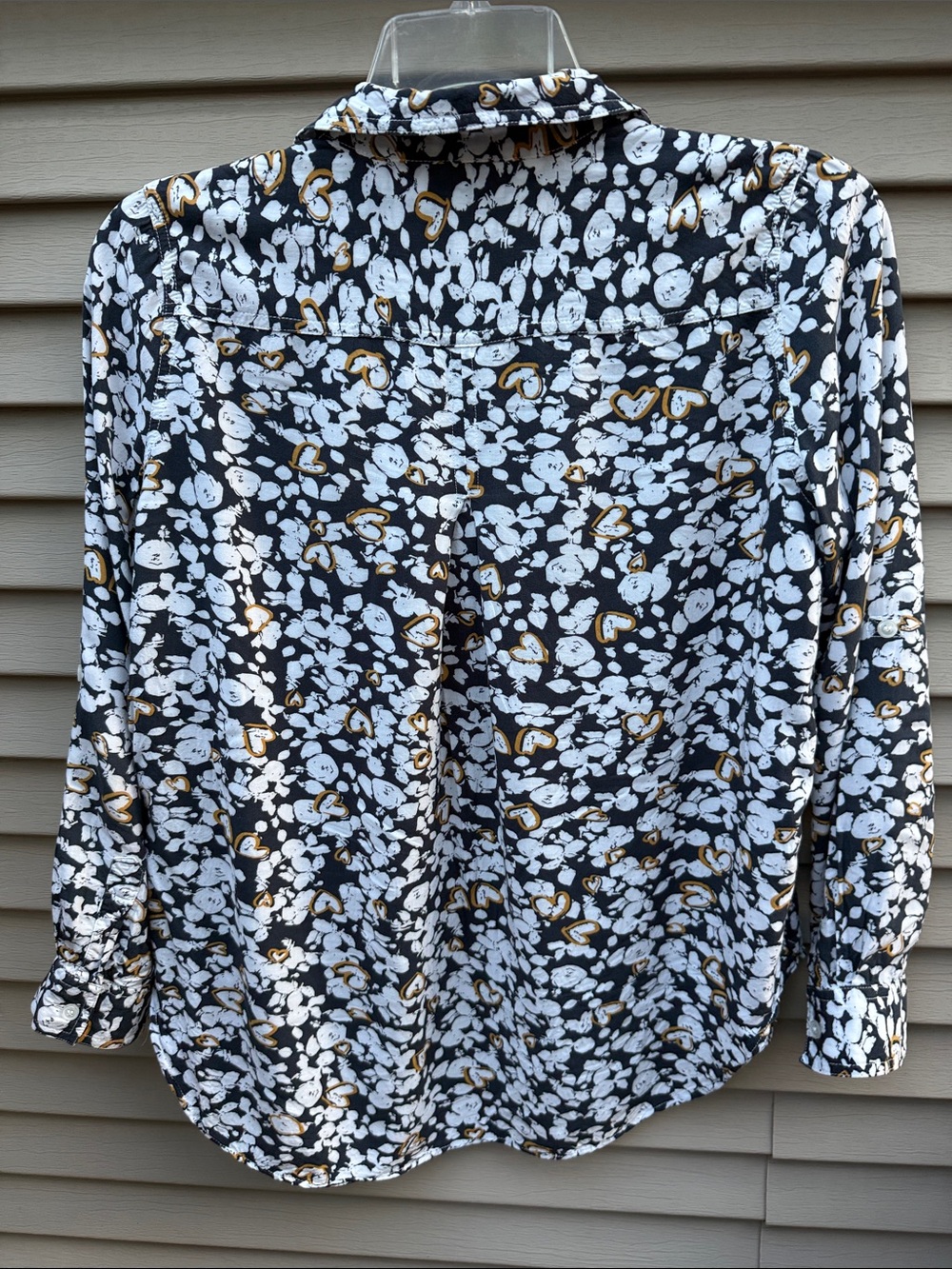 Velvet Heart Button-Down Blouse with Hearts Motif Navy /White, Mustard Size M - Picture 6 of 12